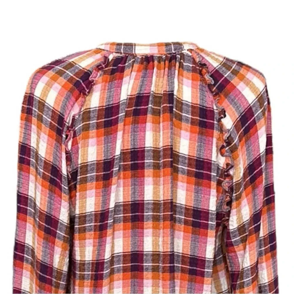 PILCRO Anthropologie Plaid Flannel Button Down Shirt Western Boho Ruffle Trim M - Picture 8 of 16
